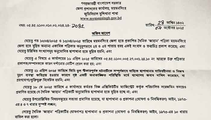 ‘হুবহু কপি’ ময়মনসিংহের ১১ পত্রিকার ডিক্লারেশন বাতিল